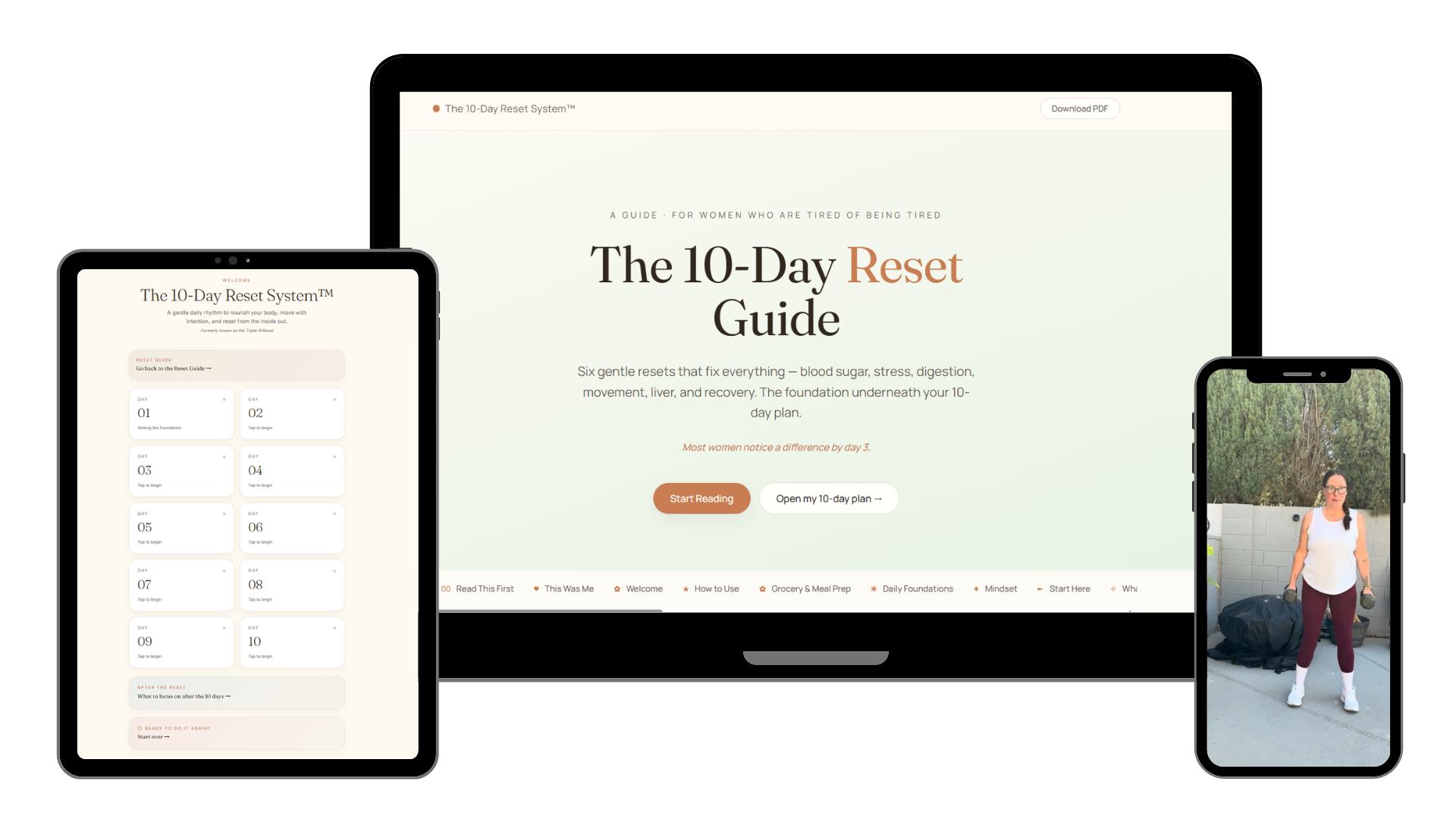 The 10-Day Reset System shown on desktop, tablet and mobile